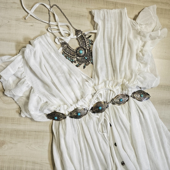 New Boho Flowy Plunge Maxi Gauze Cover Up Dress Summer White - Picture 9 of 15